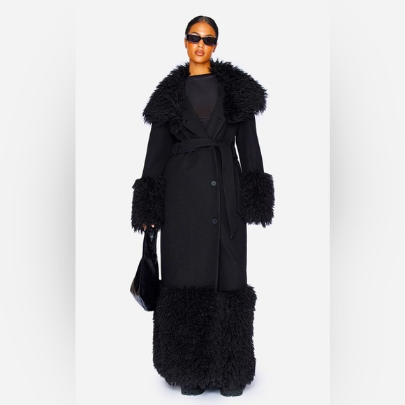 TALL BLACK FAUX FUR TRIM CONTRAST WOOL LOOK COAT - Picture 1 of 8